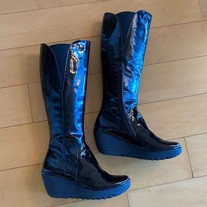 Fly London Black Patent Knee High Boots